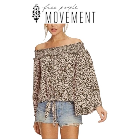 Free People Movement Cheetah Print Smocked Off Shoulder Blouse - Picture 1 of 11